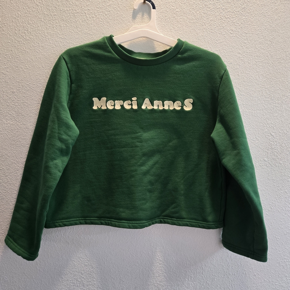 SOUP‎ Merci AnneS Green Cropped Sweatshirt Size L Trendy Graphic Crewneck